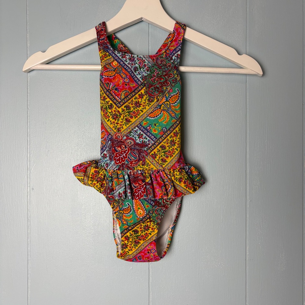 Ralph Lauren Toddler Girls Paisley Patchwork Ruffle One Piece Swimsuit 24M Multi